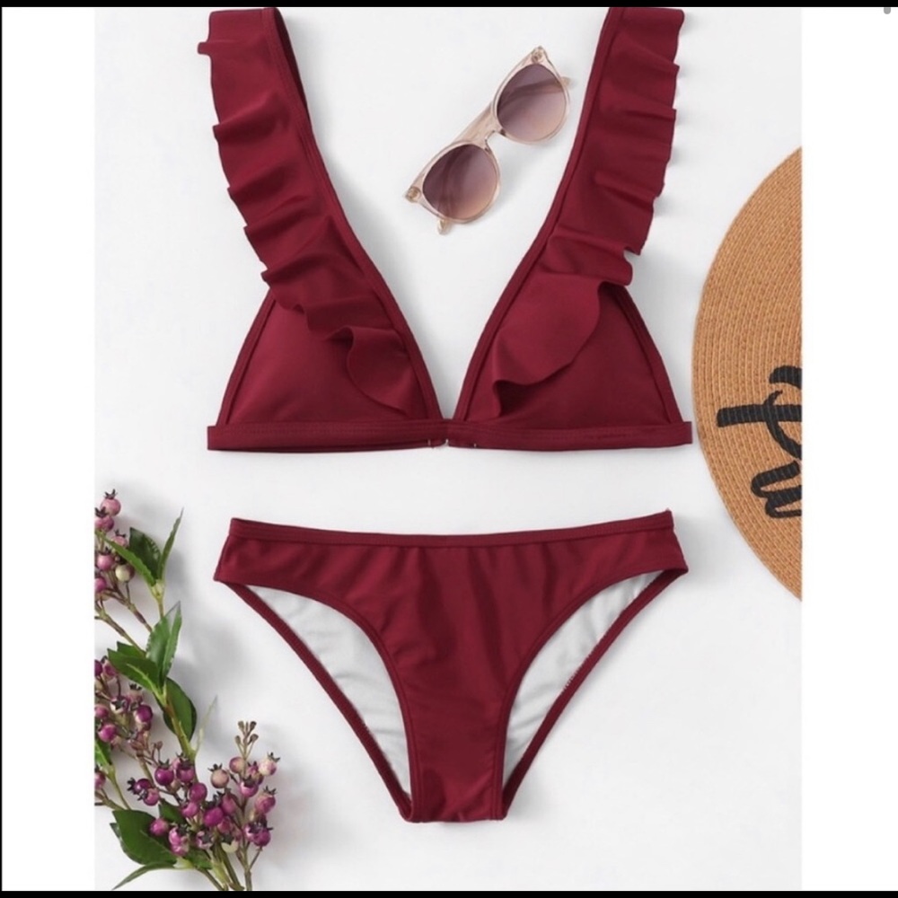 Maroon ruffle bikini SET